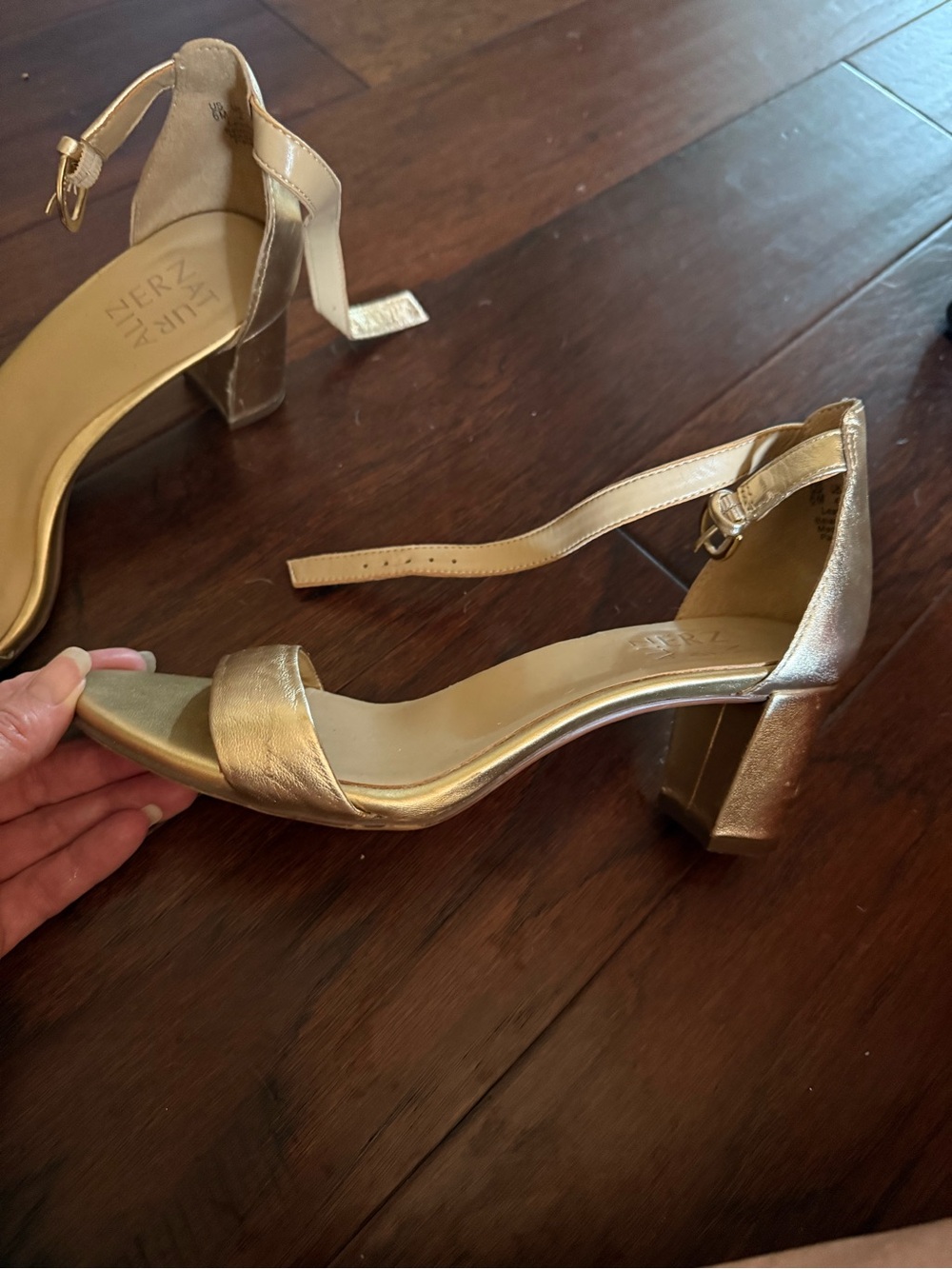 Women's Metallic Gold Block Heel Ankle-Strap Sandals
